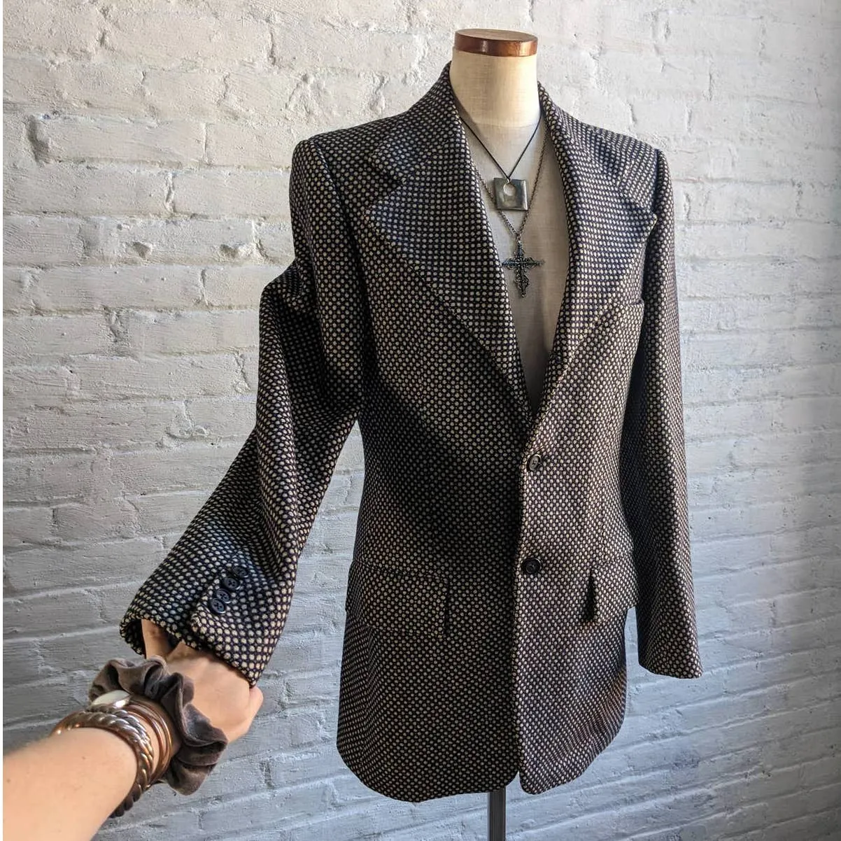 Vintage Wool Polkadot Tapestry Blazer Grunge Academia Grandpa Trench Coat Jacket