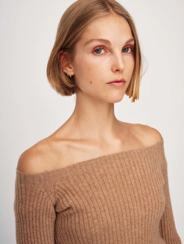 White & Warren - Cashmere Ribbed off Shoulder Top - Camel Heather