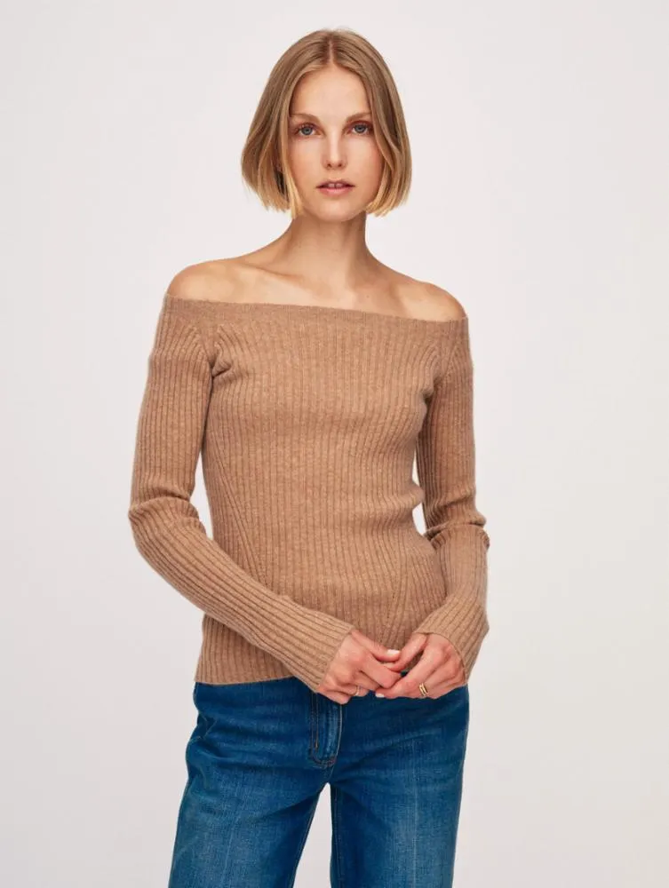 White & Warren - Cashmere Ribbed off Shoulder Top - Camel Heather