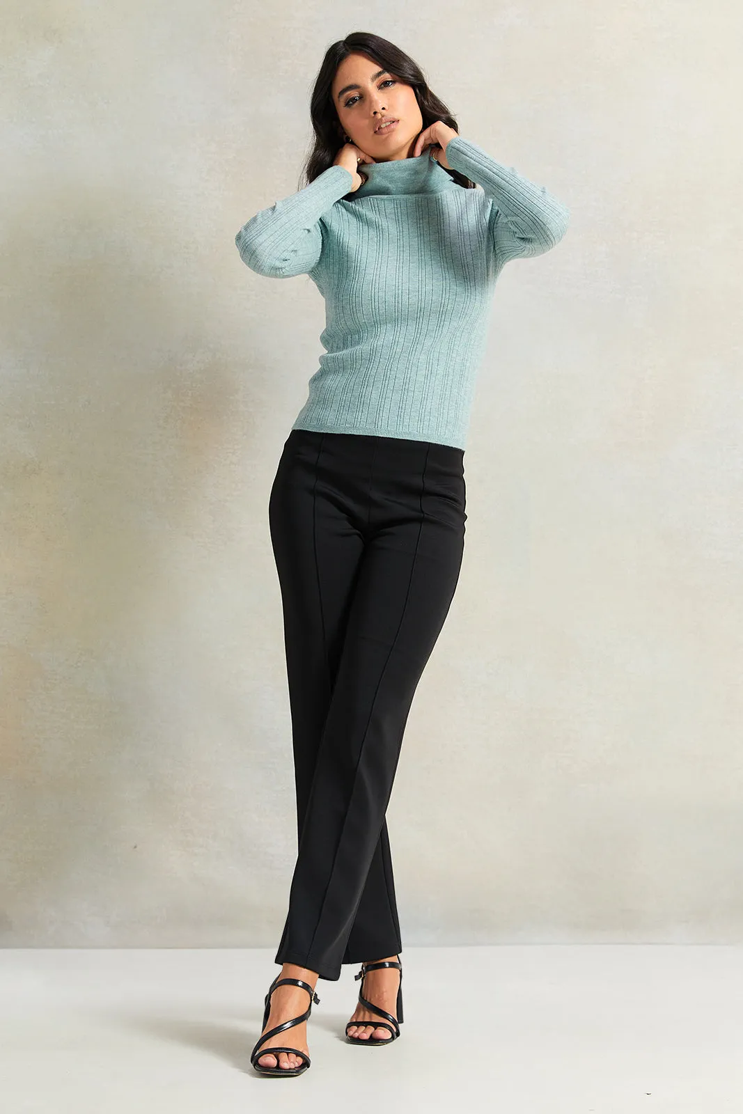 Women Blue Textured High Neck Sweater