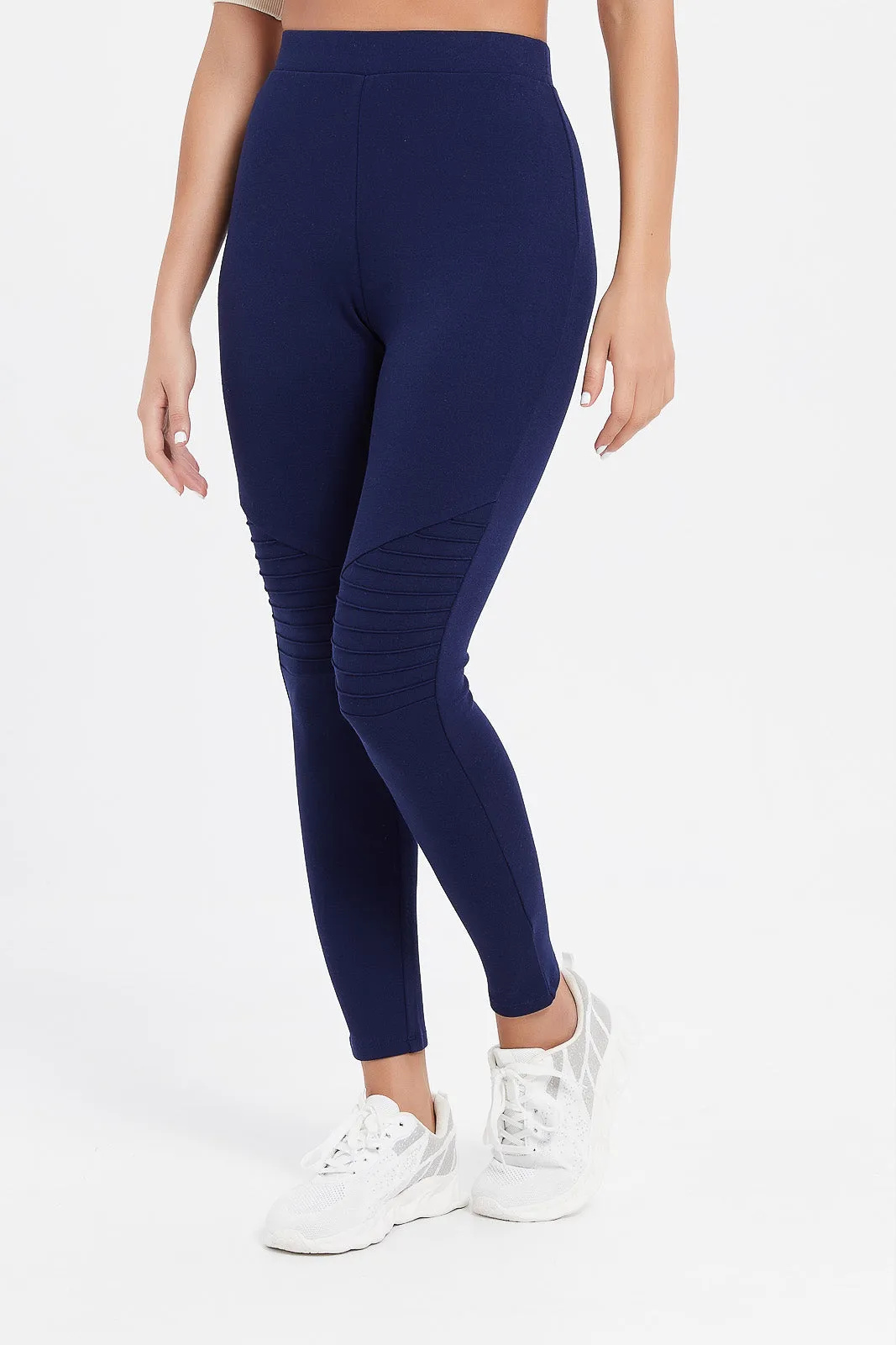 Women Navy Ponte Legging With Biker Details