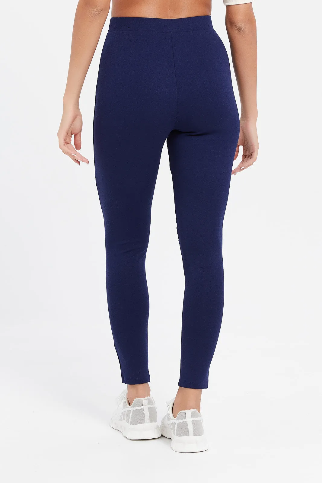 Women Navy Ponte Legging With Biker Details