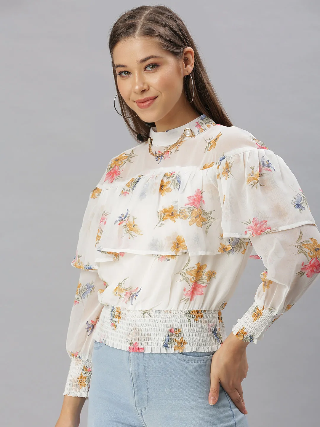 Women Printed Off White Cinched Waist Top