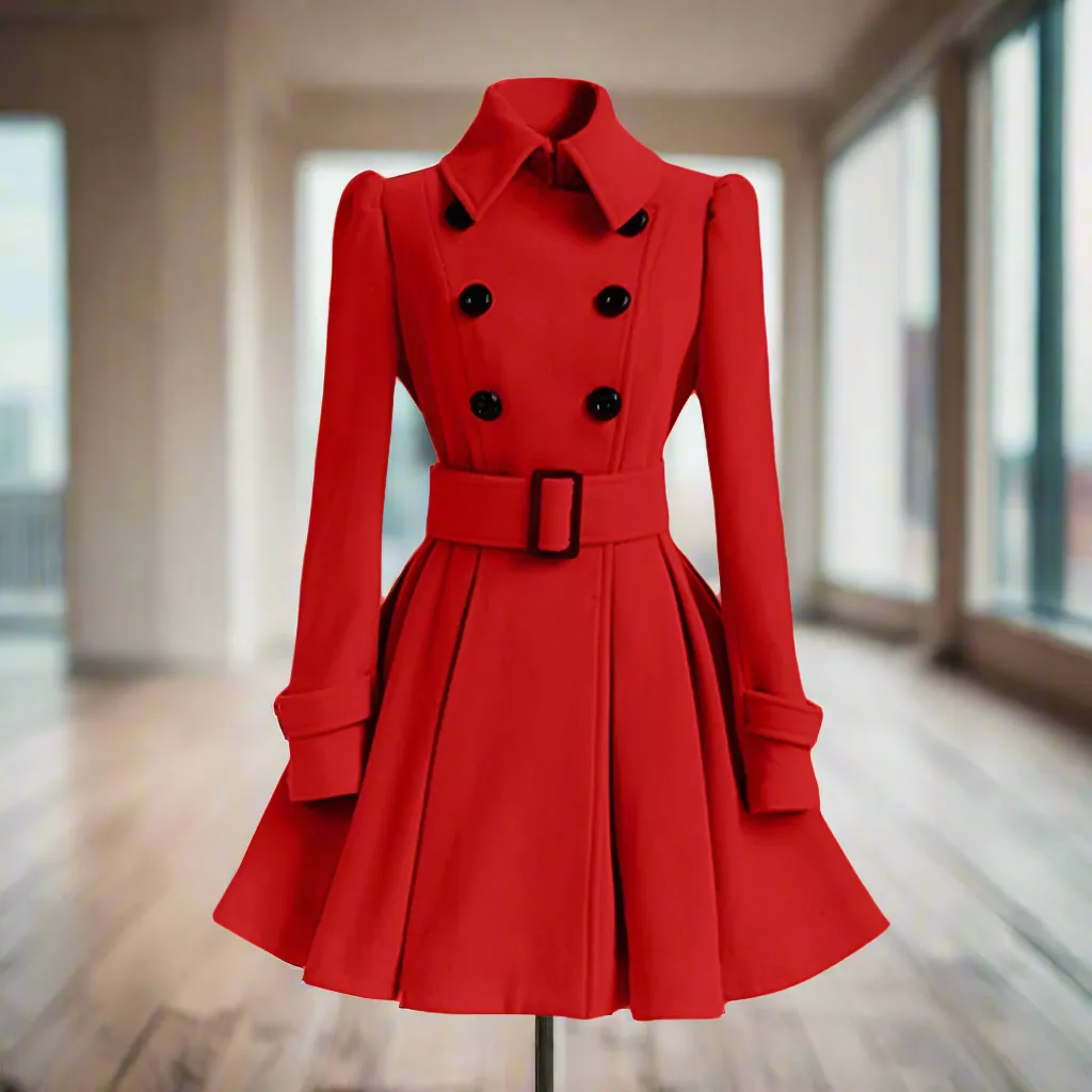 Women‘s Overcoat Elegant Thick Mid Length Warm A-line Loose Hem Tight Waist Woolen Coat with Belt Trench Coat for Women